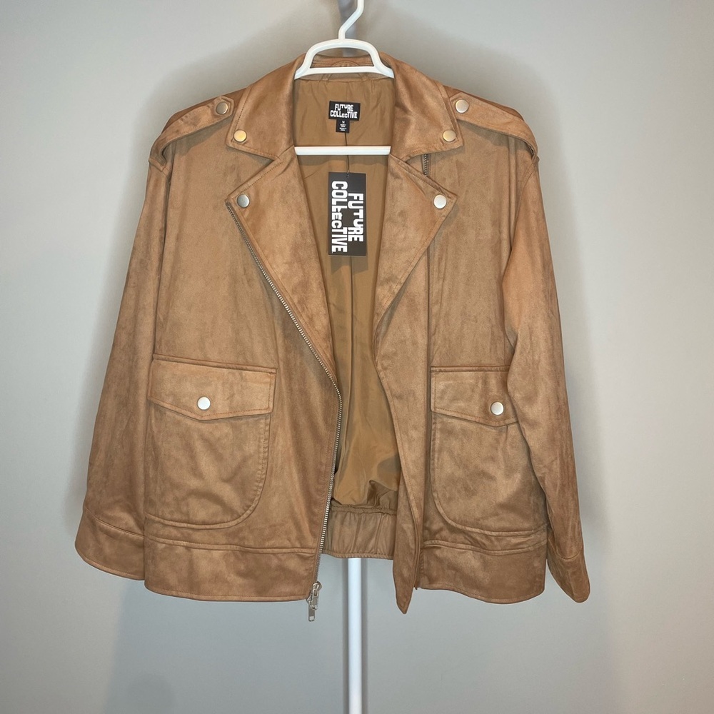 Future Collective Women's Tan Faux Suede Bomber Jacket